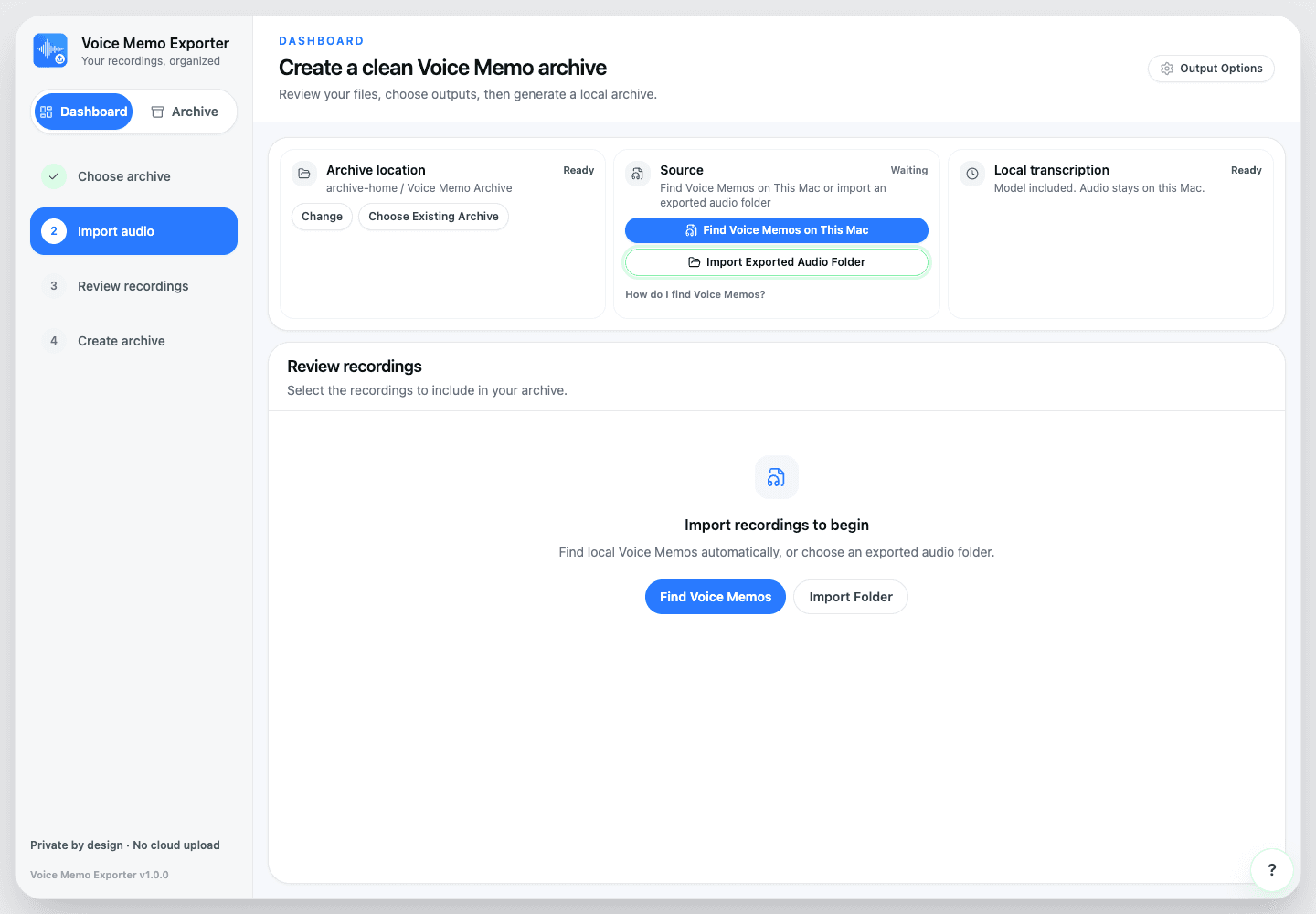Voice Memo Exporter archive location screen