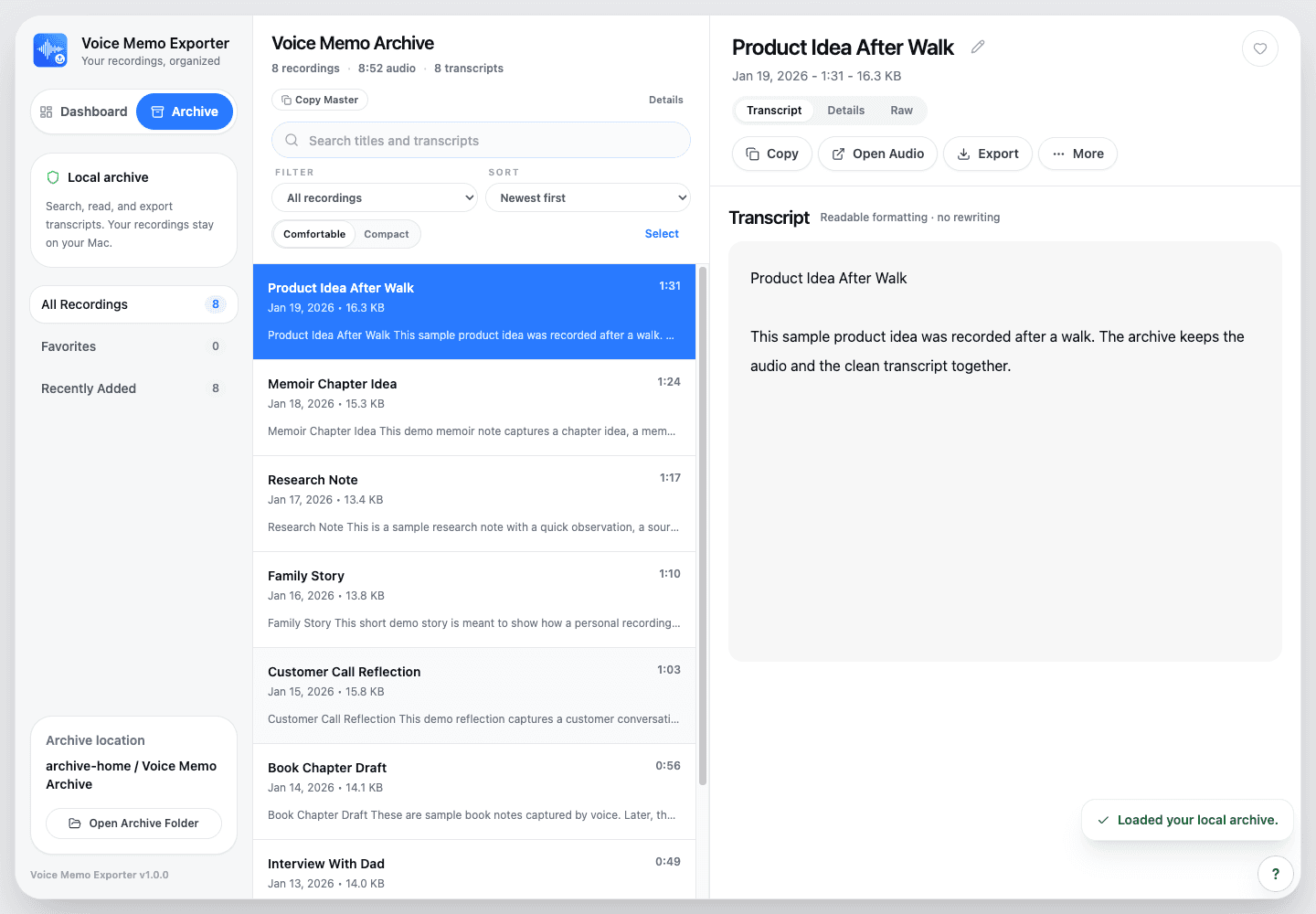 Voice Memo Exporter completed archive with copied audio and transcripts