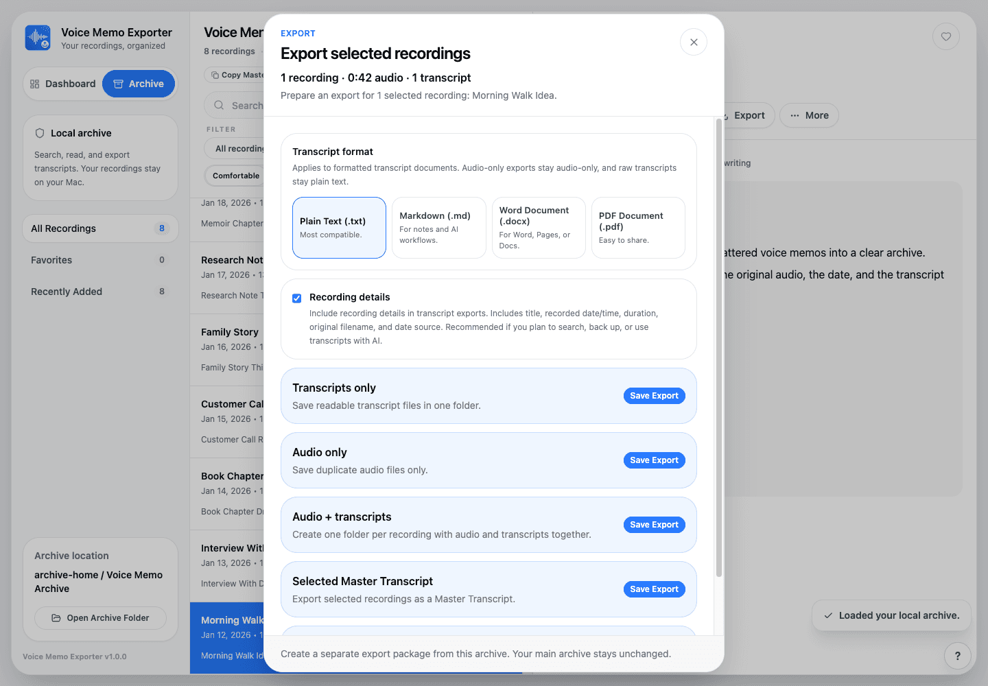 Voice Memo Exporter export dialog with TXT, Markdown, DOCX, and PDF options