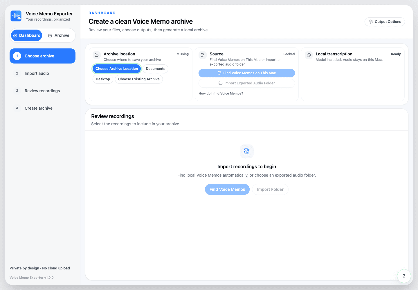 Voice Memo Exporter dashboard with source choices