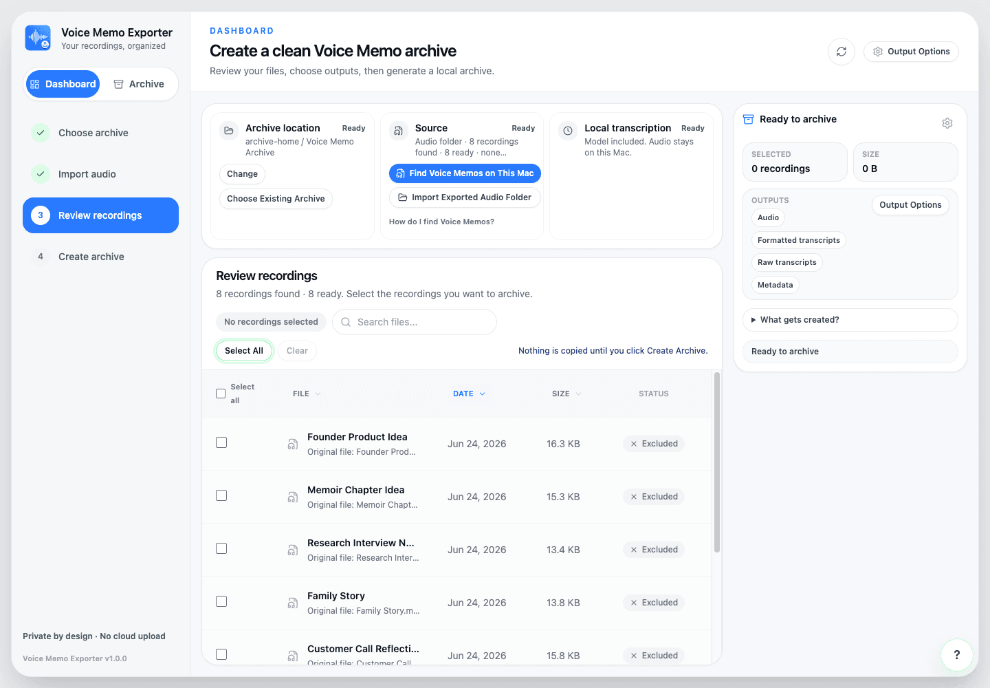 Voice Memo Exporter review recordings screen