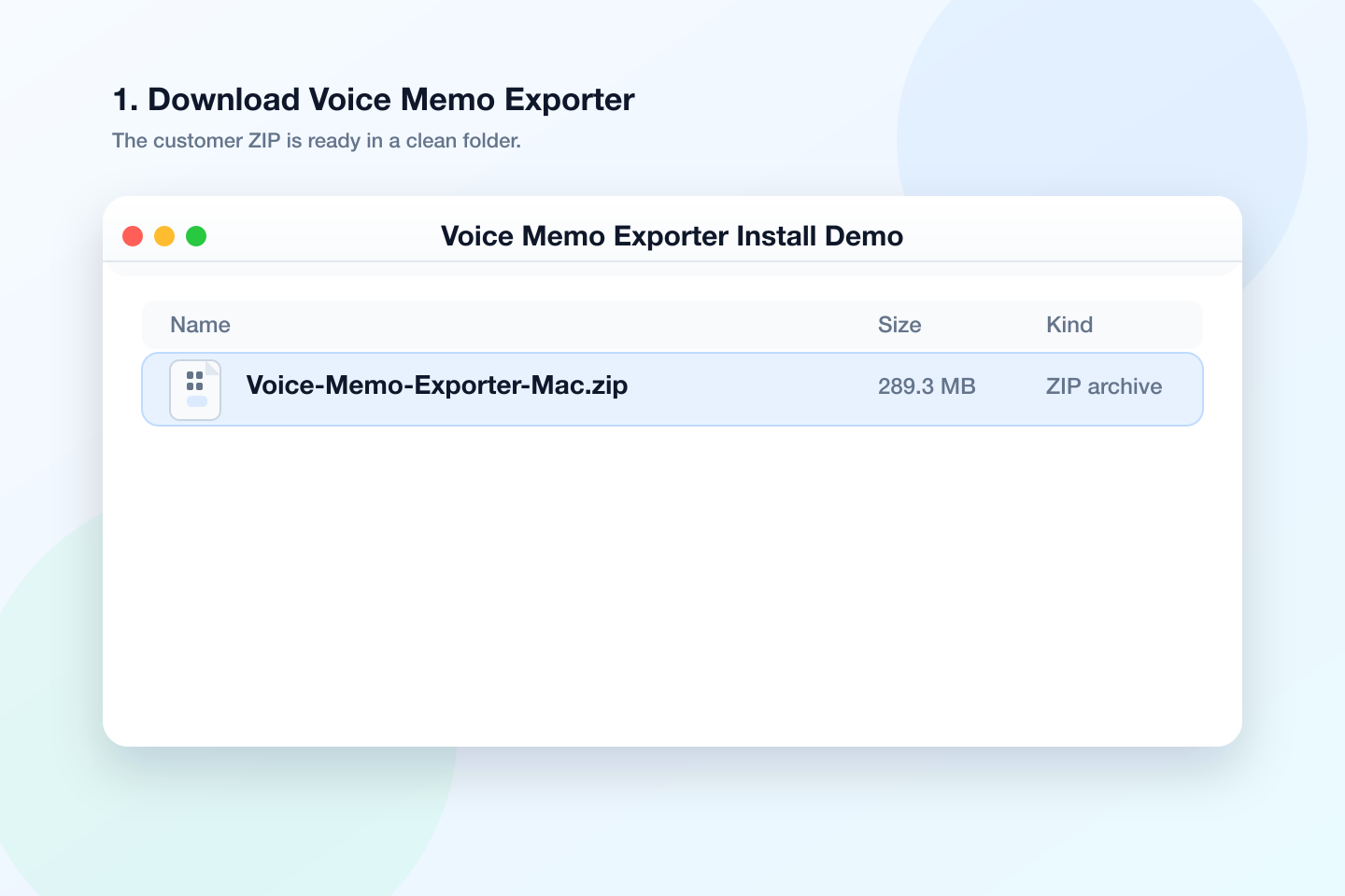 Finder-style illustration showing the Voice-Memo-Exporter-Mac.zip download file.