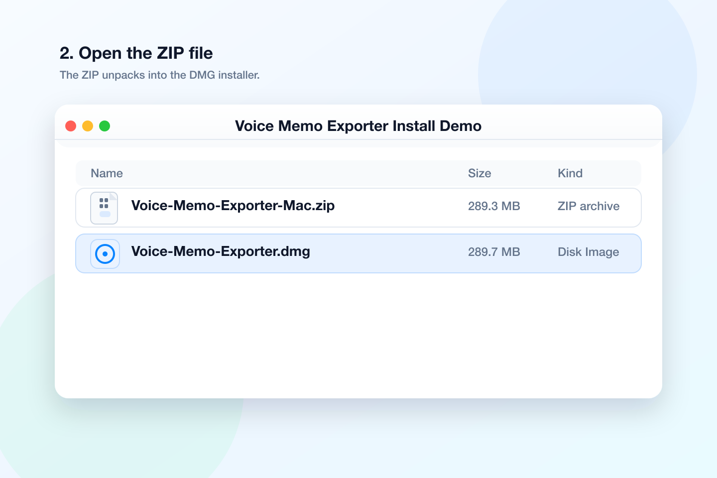 Finder-style illustration showing Voice-Memo-Exporter-Mac.zip unpacked into Voice-Memo-Exporter.dmg.